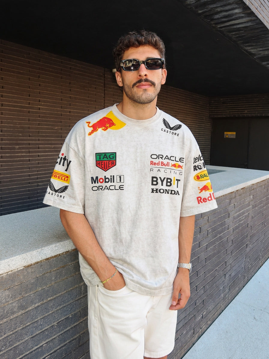 Red Bull Racing F1 Oversized Acid Wash White T-Shirt